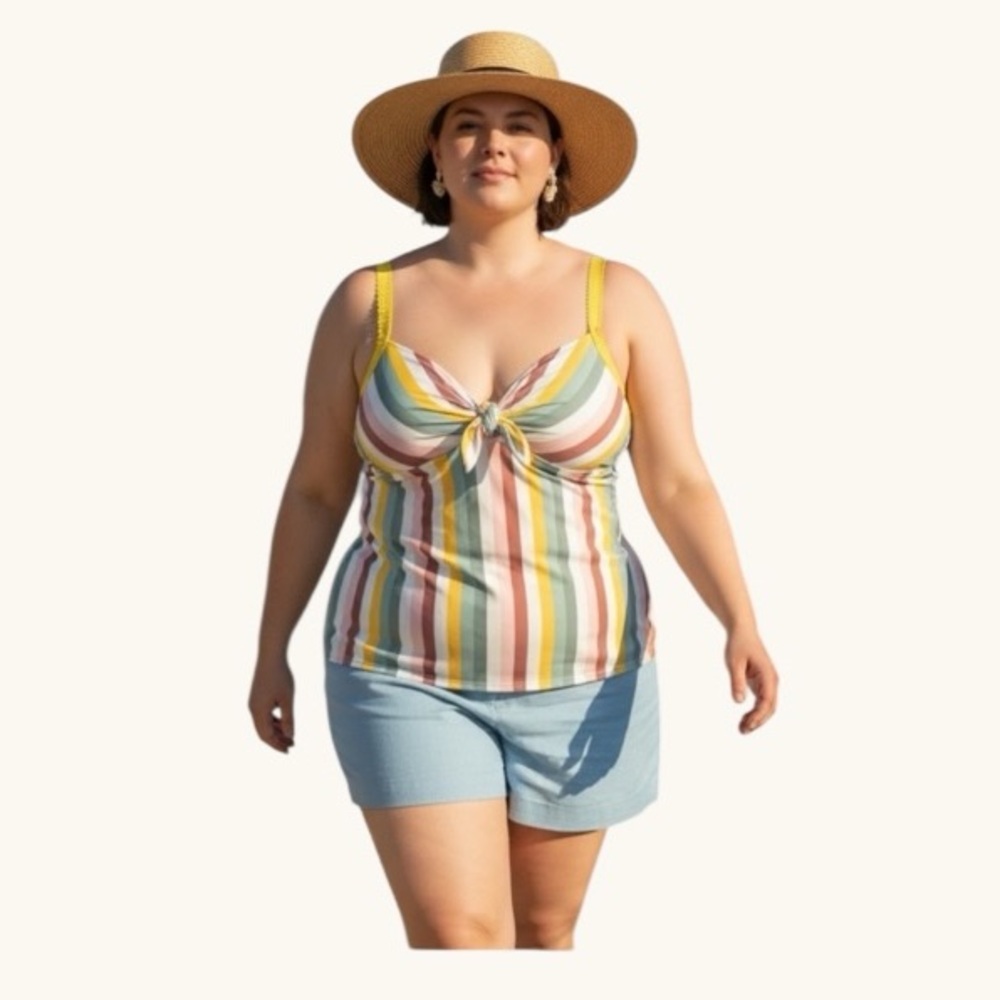 Addition Elle Multicolor Stripe Tie-Front Tankini Top Plus Size 1X